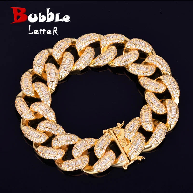 22mm Baguette Zircon Miami Cuban Link Bracelet Iced Out Men Hip Hop Street Rock Jewelry Gold Color Chain 7