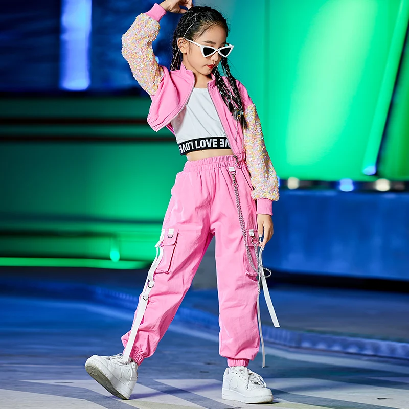 Kids Performance Hip Hop Dancing Outfits Crop Tops Street Wear Cargo Pants Girls Fashion Jazz Dance Wear Costumes Concert Outfit