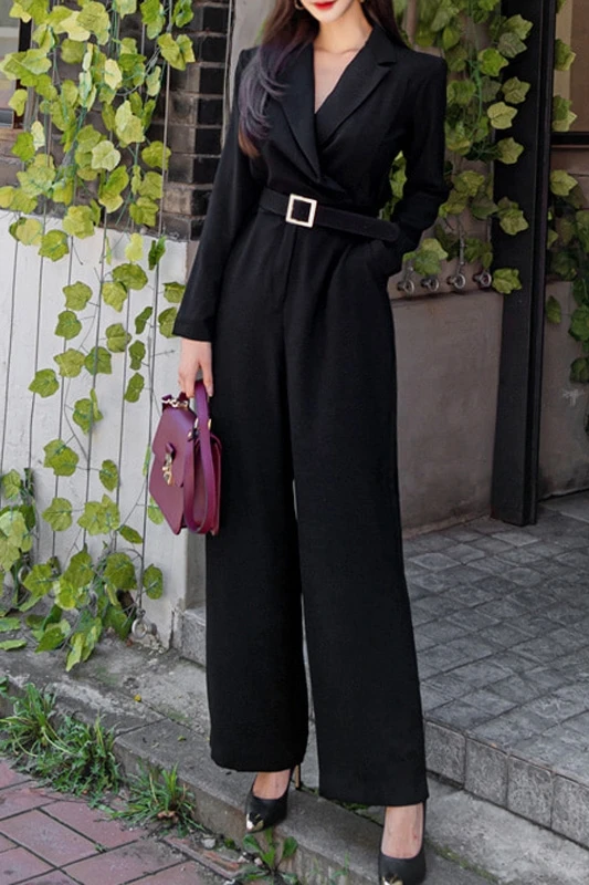 Autumn and Winter Socialite Temperament Suit Collar, Cinched Waist, Slim Fit One-Piece Straight Leg Pants for Women