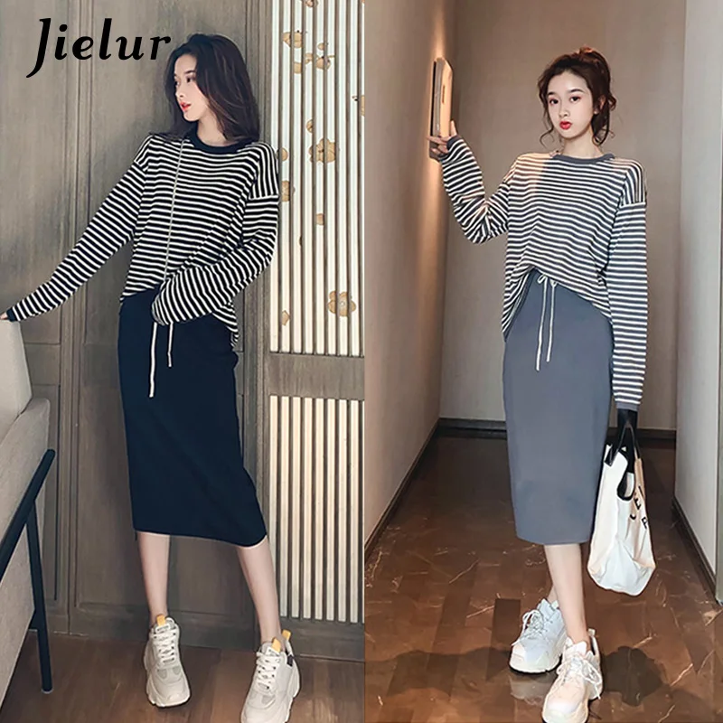 

Jielur Knitting Sweater Skirt Striped Two Piece Set Casual Autumn Winter Women Suit Fashion Long Sleeves Knit Sweater Black Gray