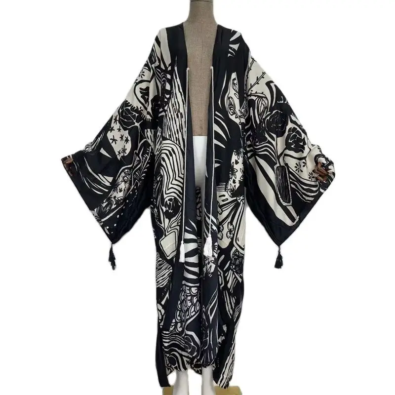 WINYI 2024 Bohemian Printed Summer Beach Wear Clothing Long Kimono kaftan Tunic Women Tops Belted Wrap Coat robe sexy femme