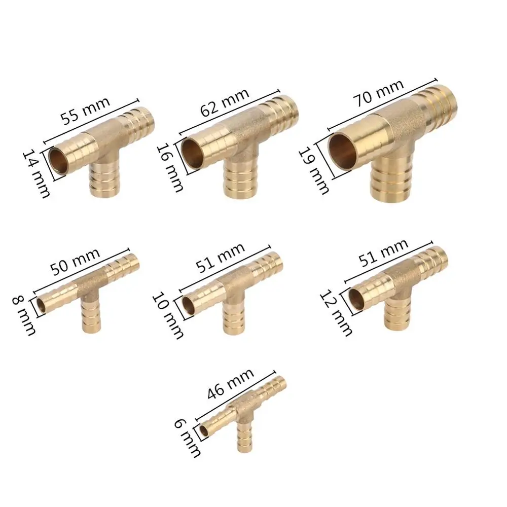 T-Shape Brass Barbed Hose Fitting Tee 6mm 8mm 10mm 12mm 14mm 16mm 19mm Hose Tube Barb Copper Barbed Coupling Connector Adapter