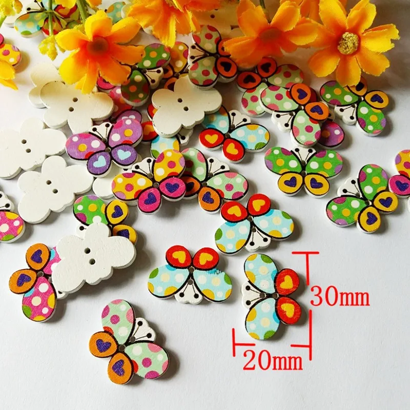 50pcs/lot Wooden Buttons Children butterfly Decorative Buttons for Clothes Ornament 20*30mm Sewing Scrapbooking supplies