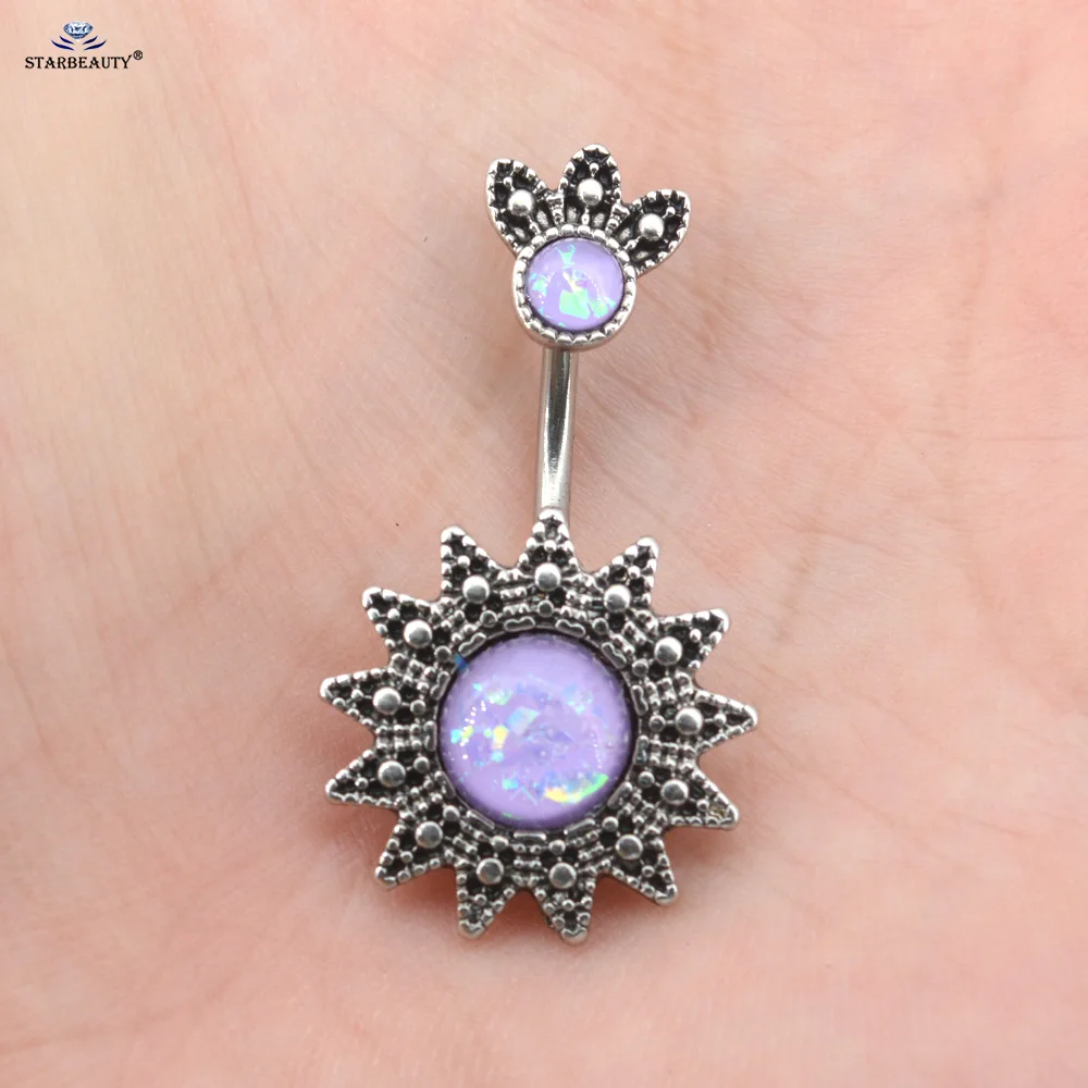 Vintage Sunflower Navel Piercing Jewelry Purple Round Gem Belly Button Rings Stainless Steel Bar Curved Belly Ring Stud Earrings