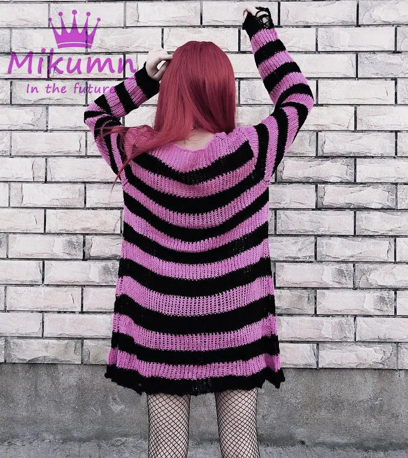 Gothic Grunge Striped Knitted Sweater Women Long Pullovers Loose Thin Punk Sweaters Jumpers Mujer Jersey Chic Streetwear