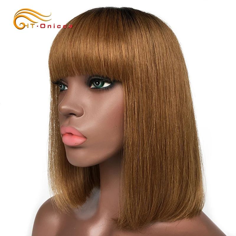 Red Wig With Bangs Human Hair Short Straight Bob Wigs For Women Brazilian Hair No Lace Full Machine Made Human Hair Wigs