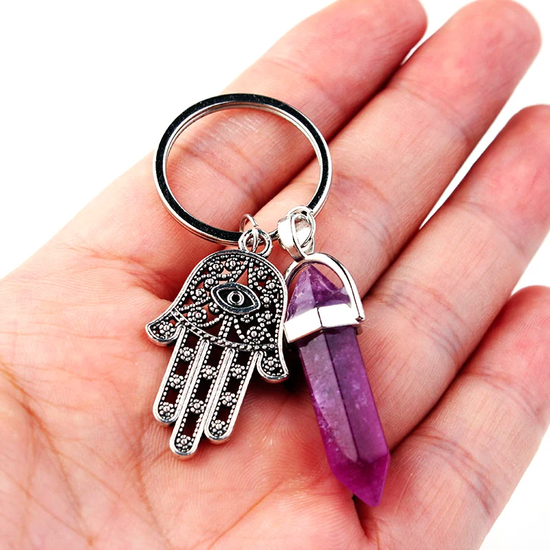 1 PC Fashion Natural Stone Pendant Keychain Natural Quartz Stone Evil Eye Fatima Pink Crystal Key Chains Accessorie Jewelry Gift