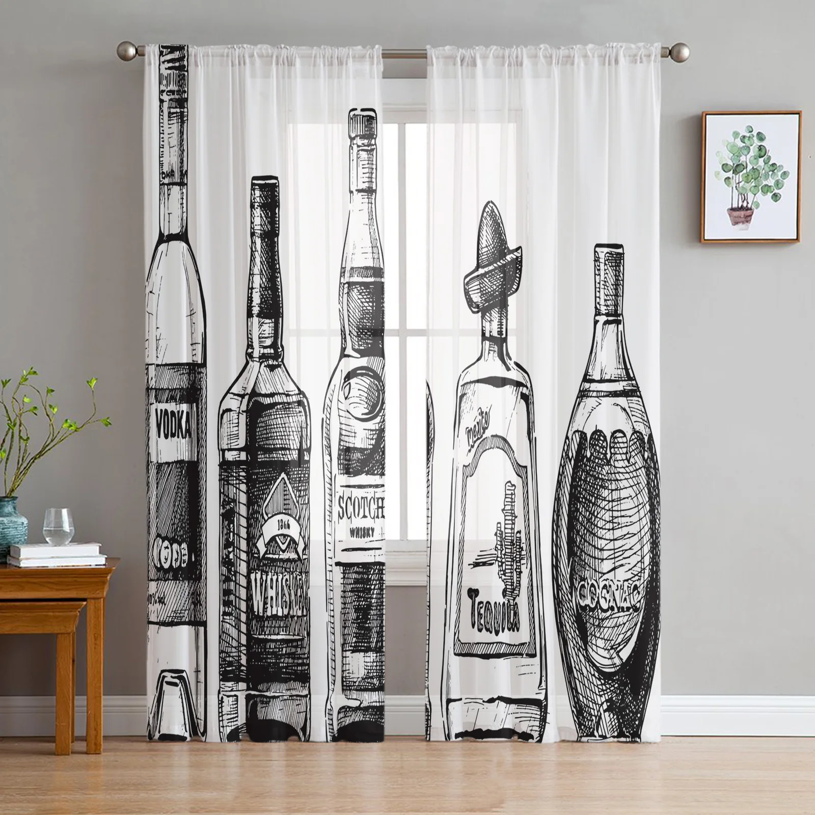 Wine Bottle Drink Black Bottle Sheer Curtains for Living Room Bedroom Window Treatment Kitchen Chiffon Curtain