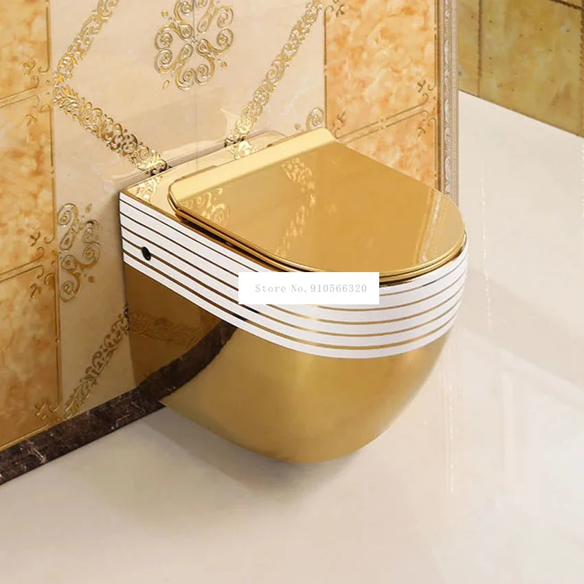 Noble Golden Wall Mounted Flush Toilet Luxury Titanium Gold Painted Bathroom Washroom Ceramic Closestool Without Water Tank