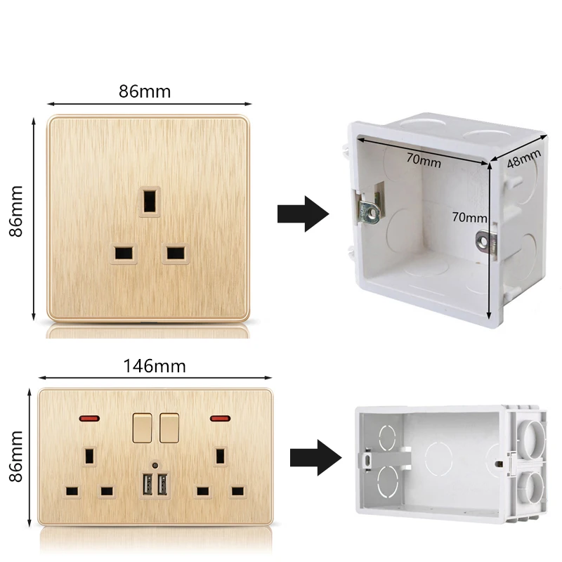 Avoir UK Standard Steckdose Haushalts Wand Steckdose Schalter Control Buchse 13A Outlet Aluminium Legierung Panel 86mm * 86mm