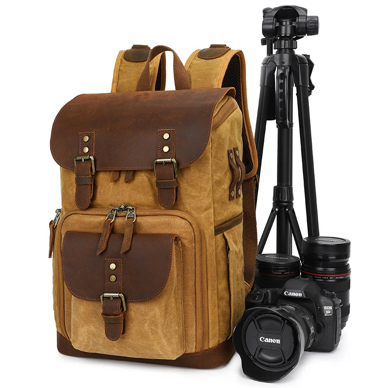 Retro Waterproof Batik Canvas Leather Photography Backpack fit 15.4inch Laptop Men Camera Bag Carry Case for Canon Nikon DSLR