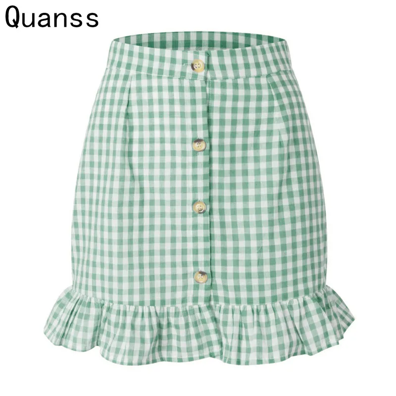 

Quanss New 2021 Summer Women'S Fashion Plaid Skirt Sweet Style Ruffles Slim Bodycon Buttons High Waist Mini Skirts