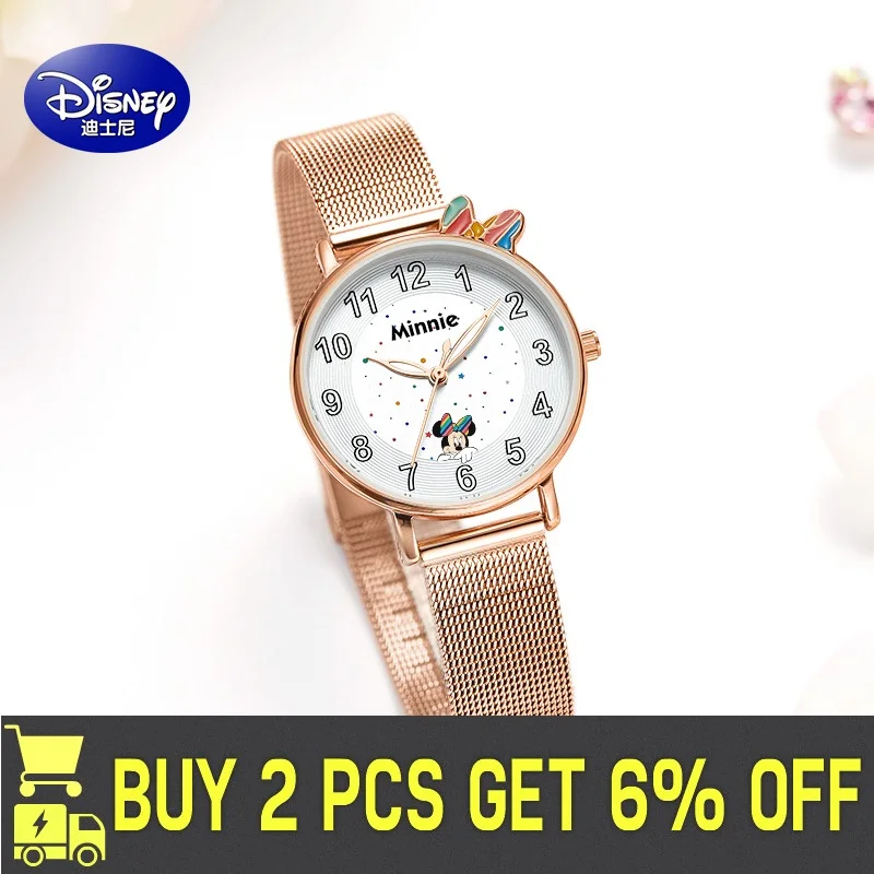 Disney Original Girl Quarz Casual Wrist Watches Micky Mouse White Rose Gold PU New Waterproof Cute Kids Women Student Gift Clock