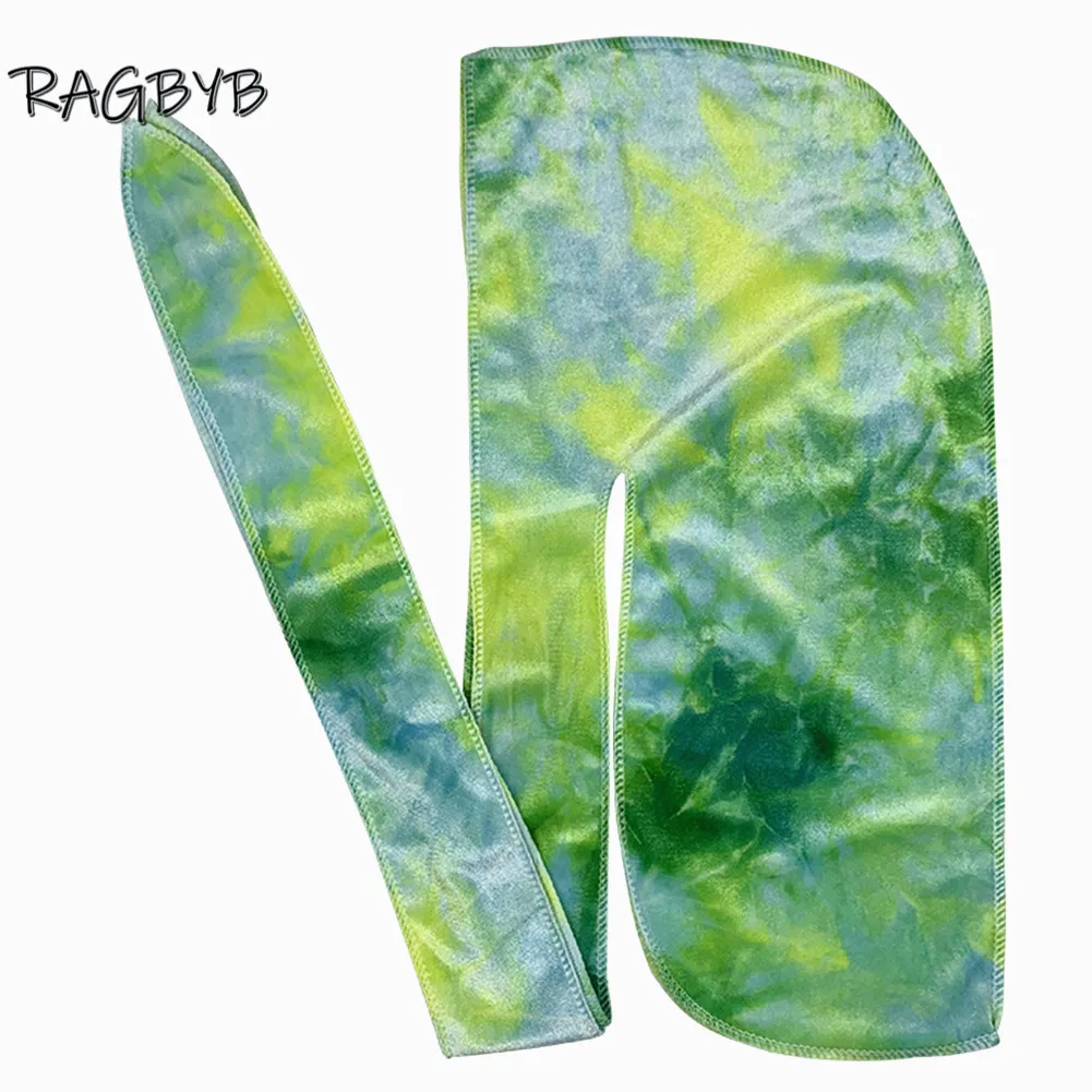 Unisex Men Velvet Durag Bandanas For Men Tie Dyed Print Velvet Durags Long Tail Headband Hair Wave Cap Head Scarf Durag