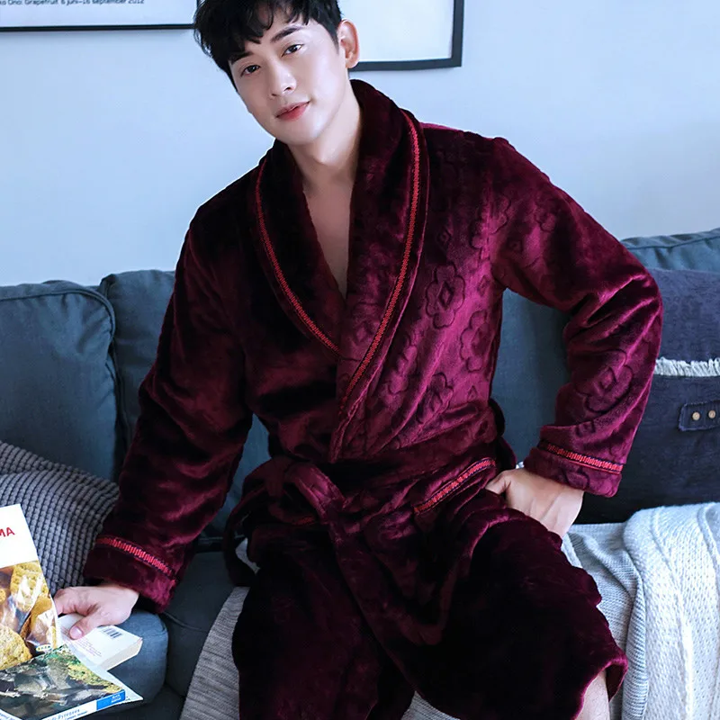 

H5957 Men Robes Male Thickened Coral Velvet Autumn Winter Flannel Bathrobe Large Size Long Sleeve Household Clothes Nightwear