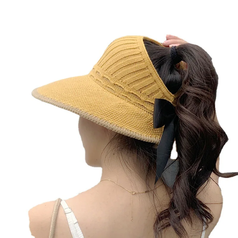 Hat Women's Korean pure color knitted hollow hat summer outdoor open top sun hat bow sun hat wholesale