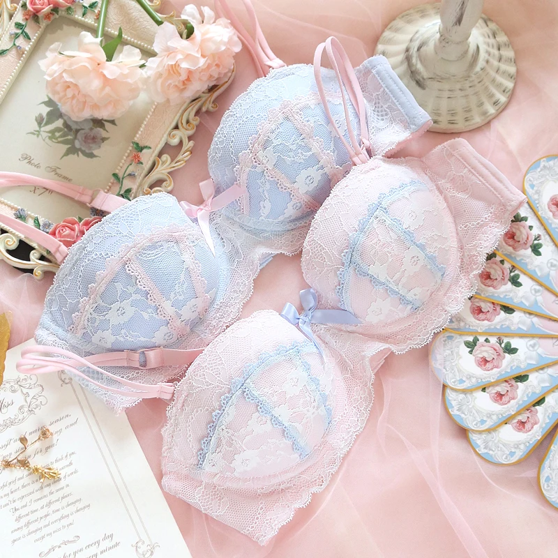 Pink Blue Japanese Sexy Lolita Lovely Lace Trim Bow Bra & Brief Sets Women's Small Fresh Push Up Underwire Underwear Set Student