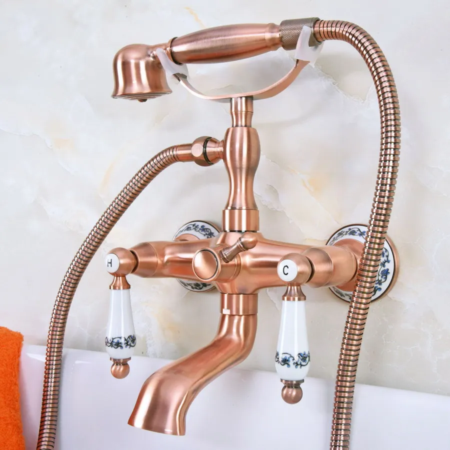 

Antique Red Copper Wall Mount Bathtub Faucet Dual Handles Swivel Spout Mixer Tap with Hand Sprayer zna331