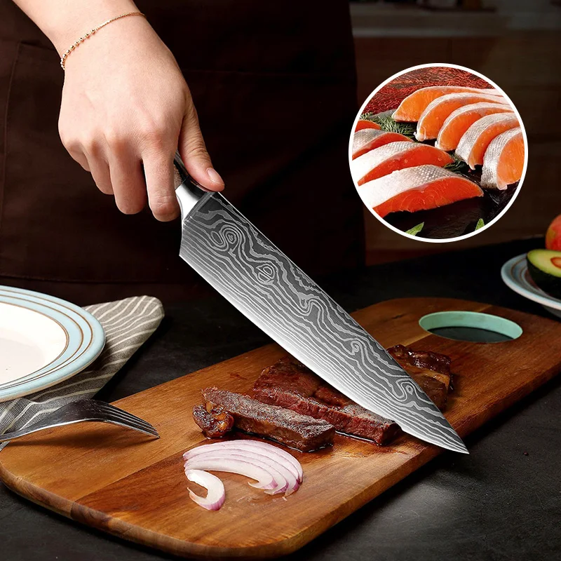 Knife Set Kitchen 3PCs Japanese Chef Knives Laser Damascus Pattern 440C Stainless Steel Cleaver Slicing Santoku Meat Fruit Knife