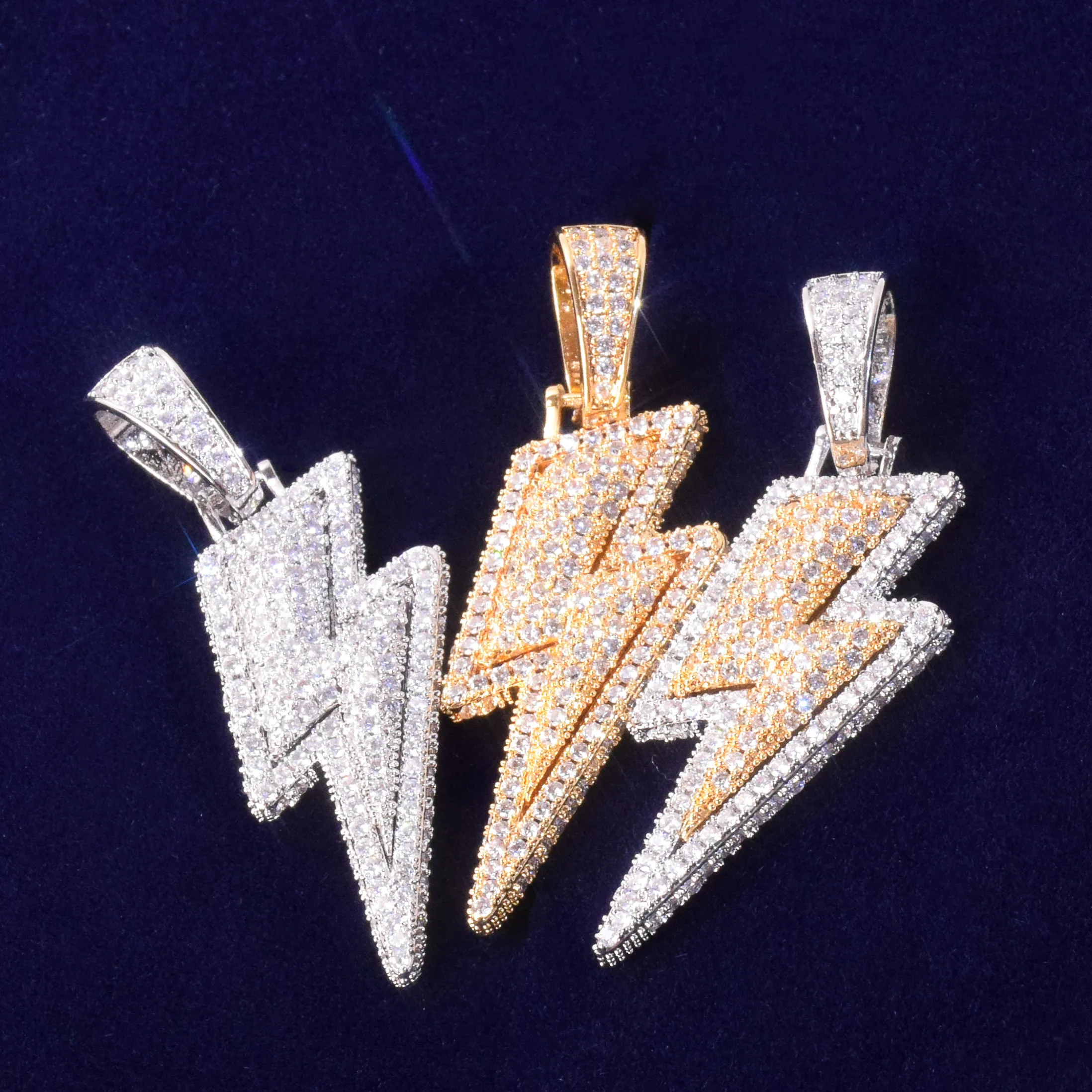 Lightning Shape Pendant Necklace Bling Cubic Zircon Men\'s Hip Hop Rock Jewelry