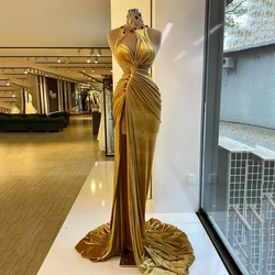 Thinyfull Arabic Mermaid Evening Dress Yellow Halter Neck Morocco Velvet High Split Crystal Prom Dresses Long Women Party Gowns