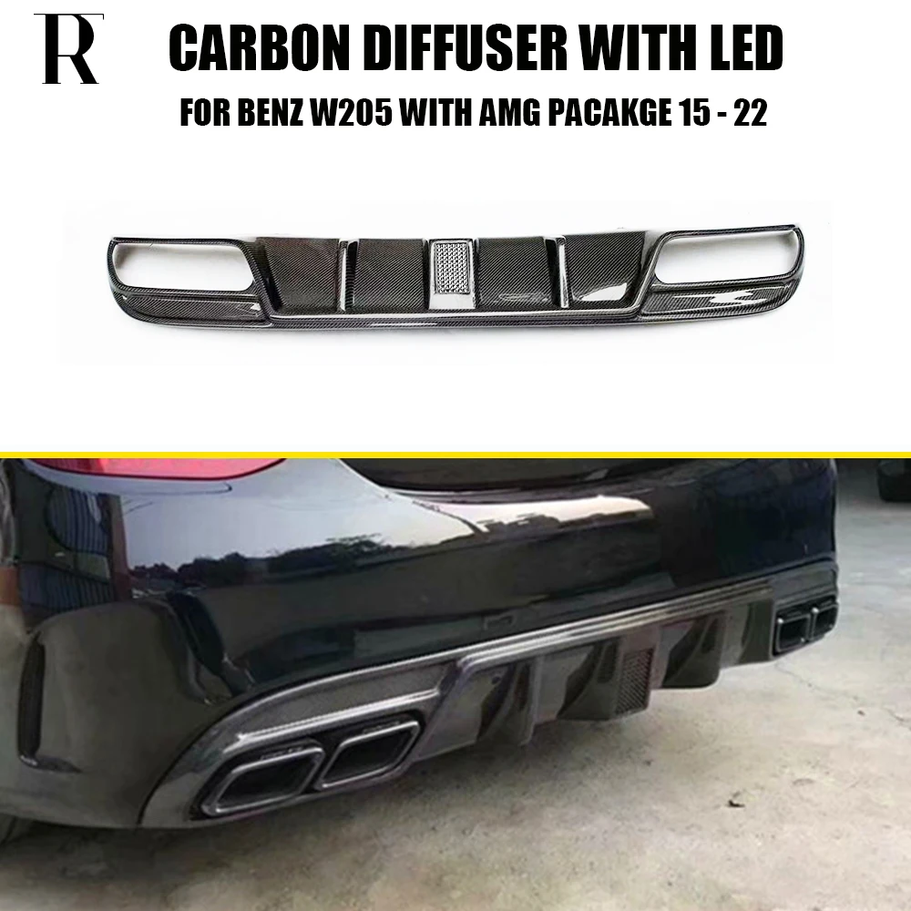 Carbon Fiber Rear Bumper Diffuser with Led Light for Benz W205 Sedan S205 Wagon C180 C200 C300 C43 C63 15 - 21