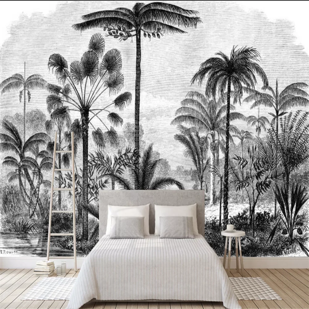 XuesuCustom Wallpaper Black and White Big tree Tropical Rainforest Coconut Tree modern TV Sofa Background wall 3d Wallpaper