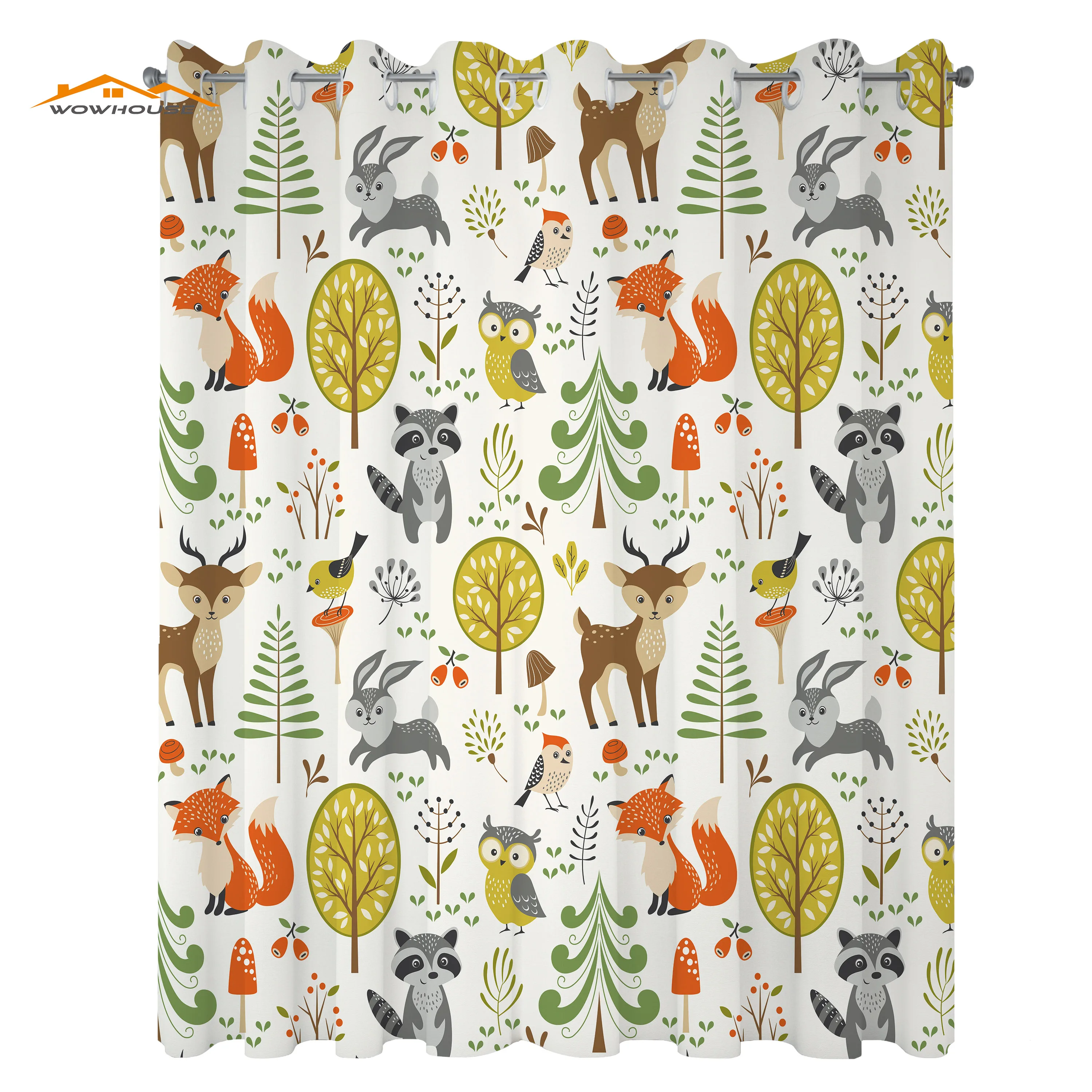 Animals Window Curtains Woodland Forest Animals Trees Birds Owls Fox Bunny Deer Raccoon Mushroom Print Living Room Bedroom Decor