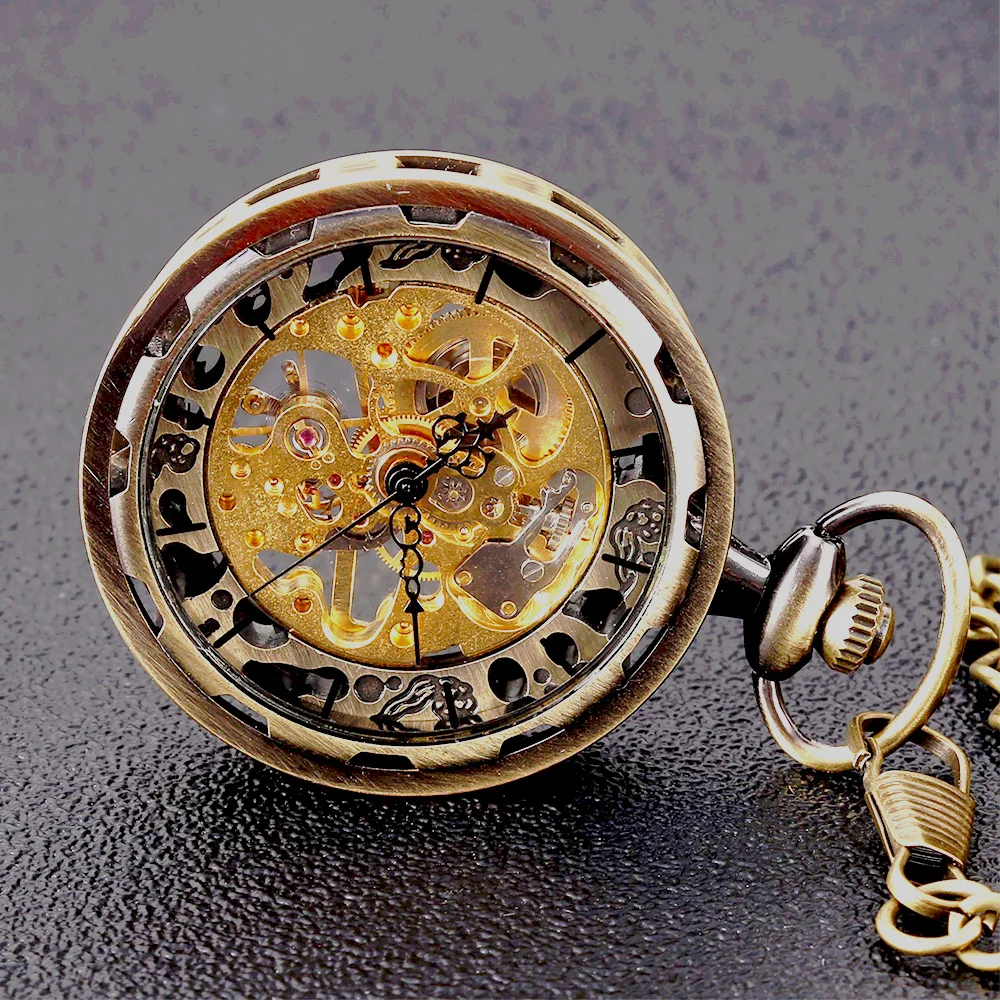 8944Creative copper wheel transparent glossy large mechanical Creative retro gift value exquisite pocket watch