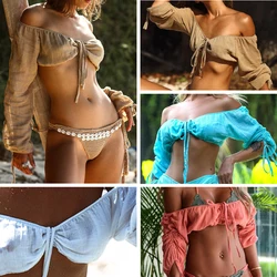 Sexy Slash Neck Women's T-shirt Summer New French Romance White Short Sleeve Crop Tops Tees Bow Backless Casual Cover-Ups