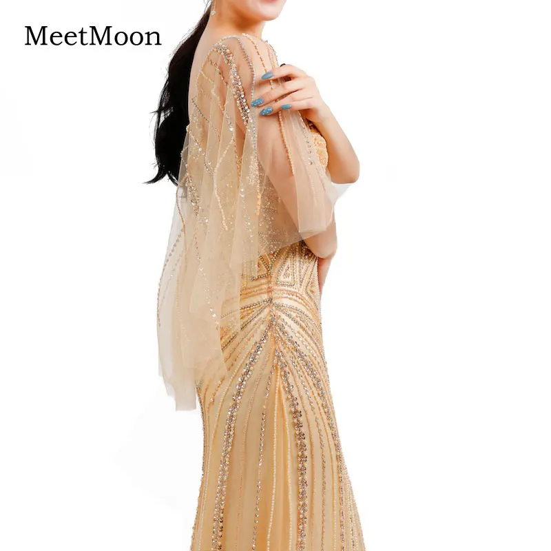 MeetMoon – Robe De soirée De forme sirène, luxueuse tenue De soirée De standing, dorée, perlée, célébrité, spectacle De dubaï, châle