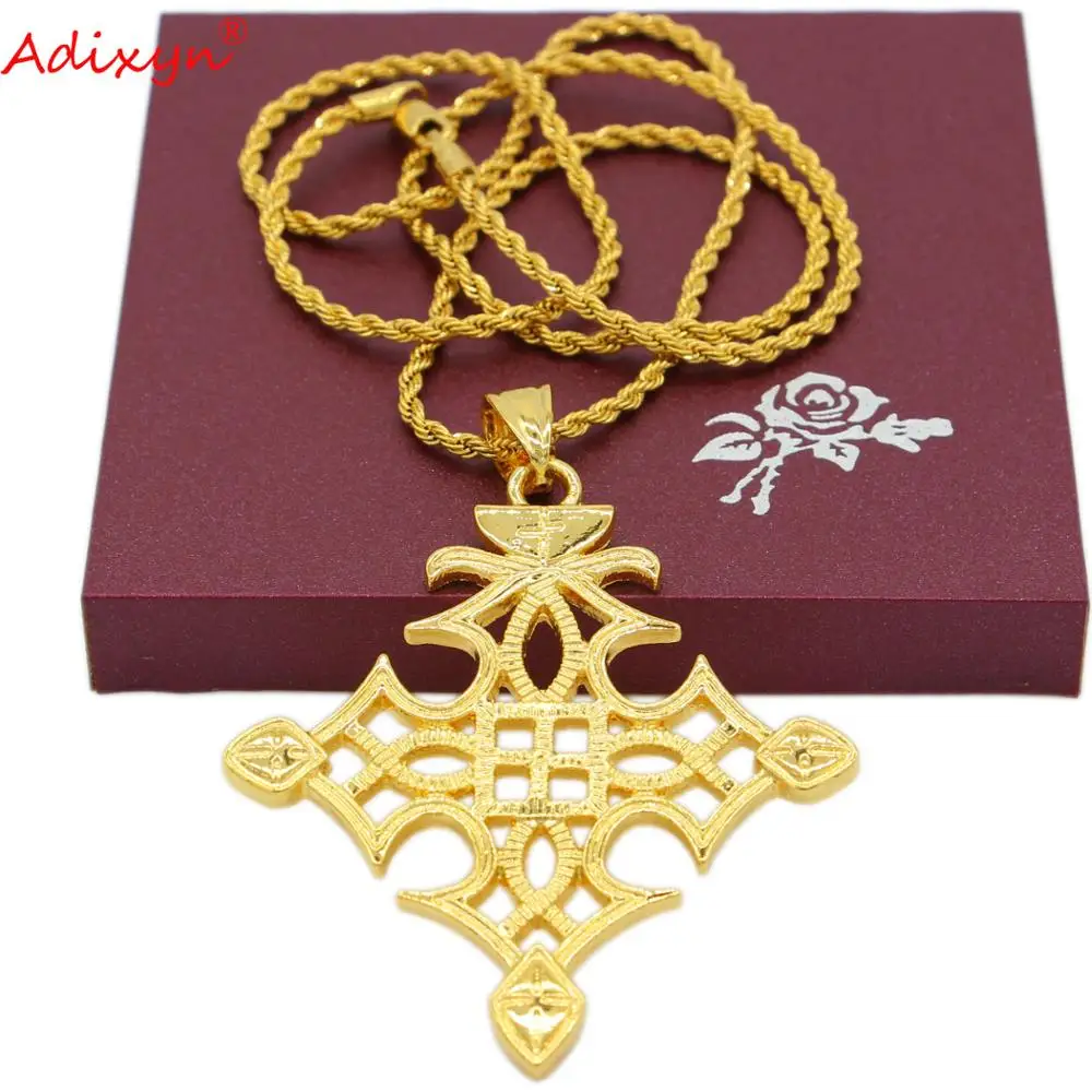 Adixyn Ethiopian Traditional Cross Pendant Necklace for Women Men Jewelry Gold Color Copper Eritrean Party Accessories N10266