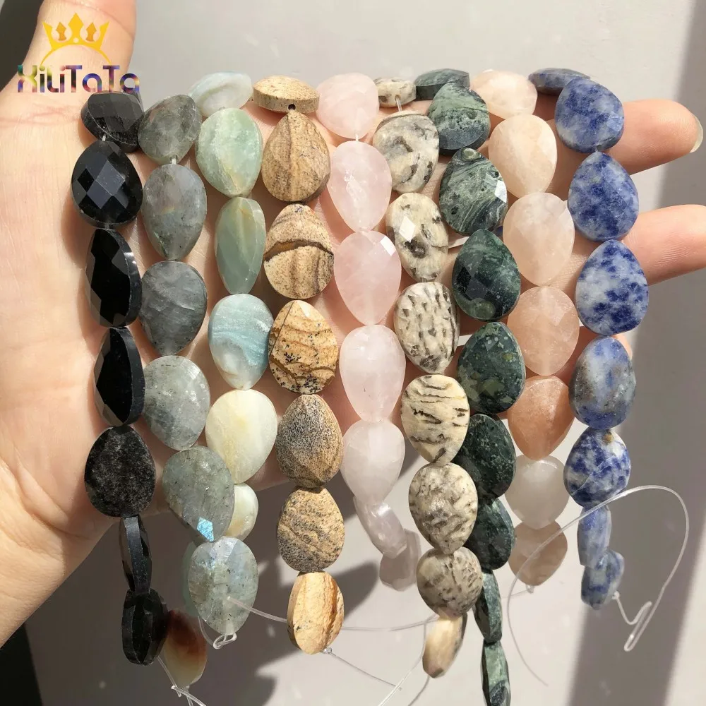 Natural Faceted Quartz Labradorite Agates Amazonite Stone Beads Water Drop Loose Spacer Beads For Jewelry Making DIY Bracelet