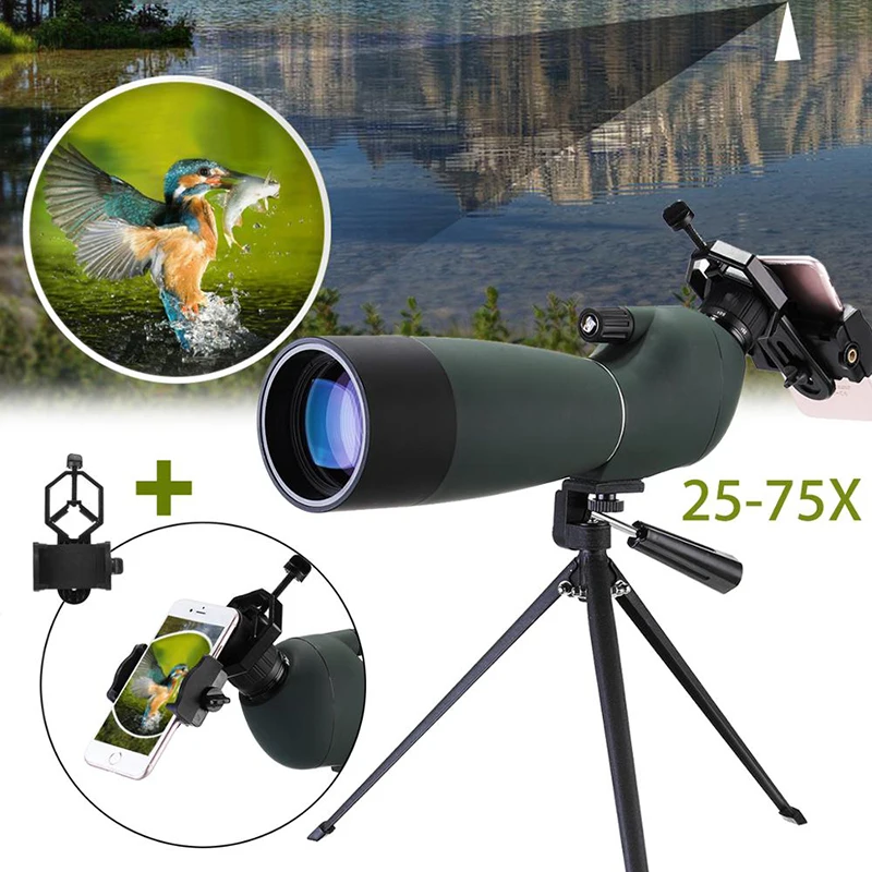 Zoom 25-75x70 Spotting Scope Long Range Large Eyepiece Monocular Telescope Waterproof Universal Phone Adapter Mount for Hunting