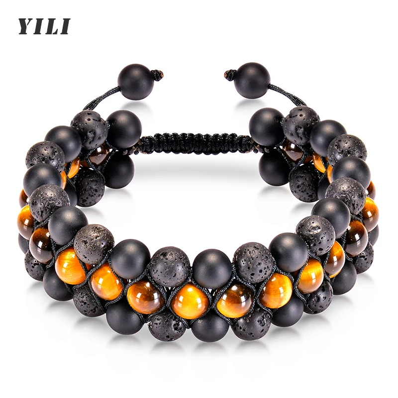 

Tiger Eye Stone Bracelet Men Women Natural Stone Essential Oil Lava Rock Black Onyx Tiger Eye Beads Bracelet Adjustable