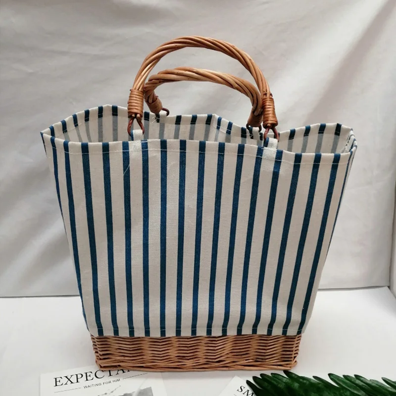 Rattan Woven Women\'s Handbag Striped Plaid Canvas Stitching Straw Bag Large Tote Female Shopper Bags Bohemian Summer Beach Bag