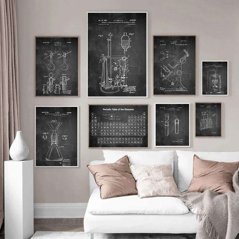 Canvas Painting Black & White Chemistry Biology Periodic Table Art Print Posters Science Medical Laboratory Picture Decor