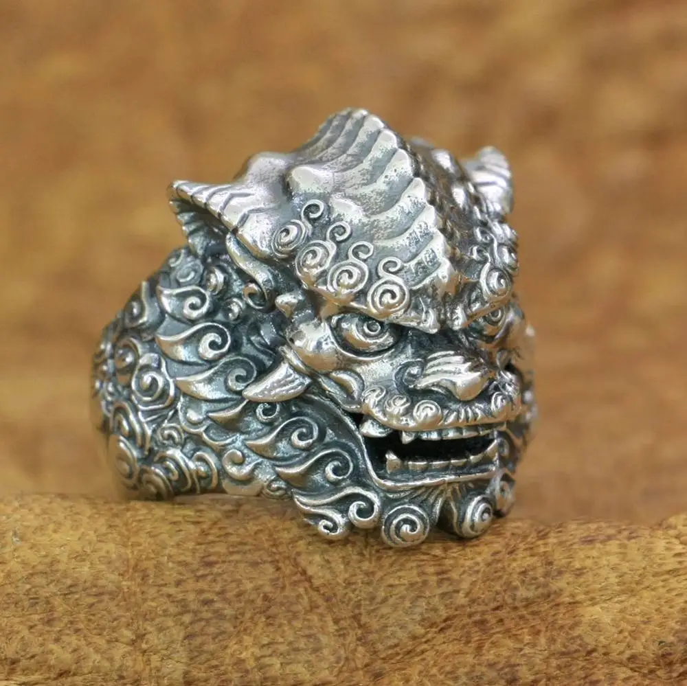 

925 Sterling Silver Chinese Style Lion Ring Mens Biker Punk Ring TA210 US Size 7~15