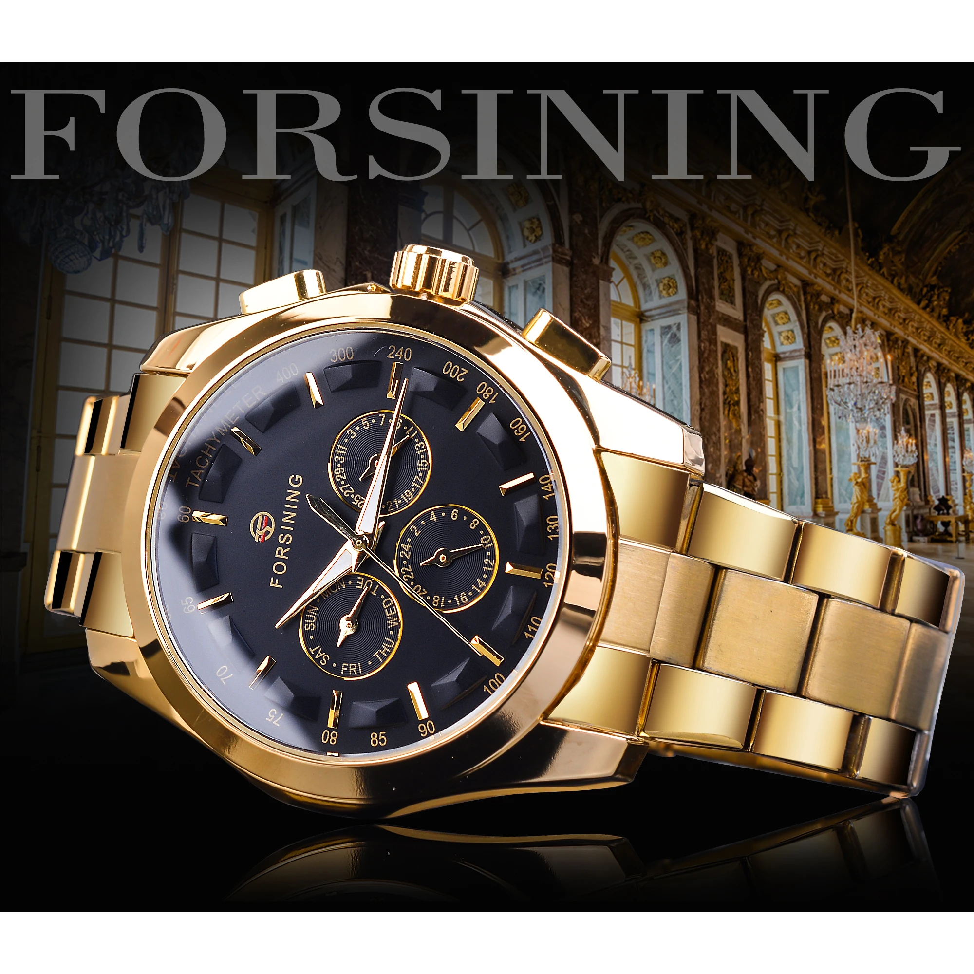 Forsining Black Business Mechanical Men Watch Automatic 3 Sub Dial Date Golden Steel Band Dress Wristwatch Clock Hour Time Reloj