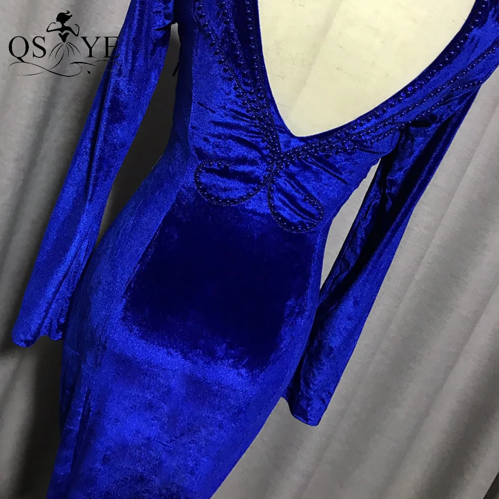 QSYYE-Vestidos de Noche de terciopelo azul real para mujer, vestido Formal de sirena elegante de manga larga, vestido de fiesta imperio Sexy con cuello en V y espalda abierta