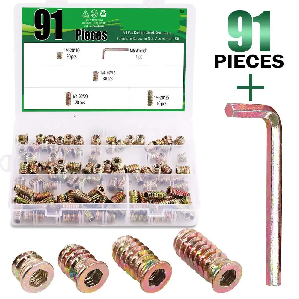 

90Pcs 1/4" - 20 Nut Inserts Assortment Kit with M6 Hex Spanner, Furniture Screw in Nut Threaded, Wood Inserts, Bolt Fastener Con