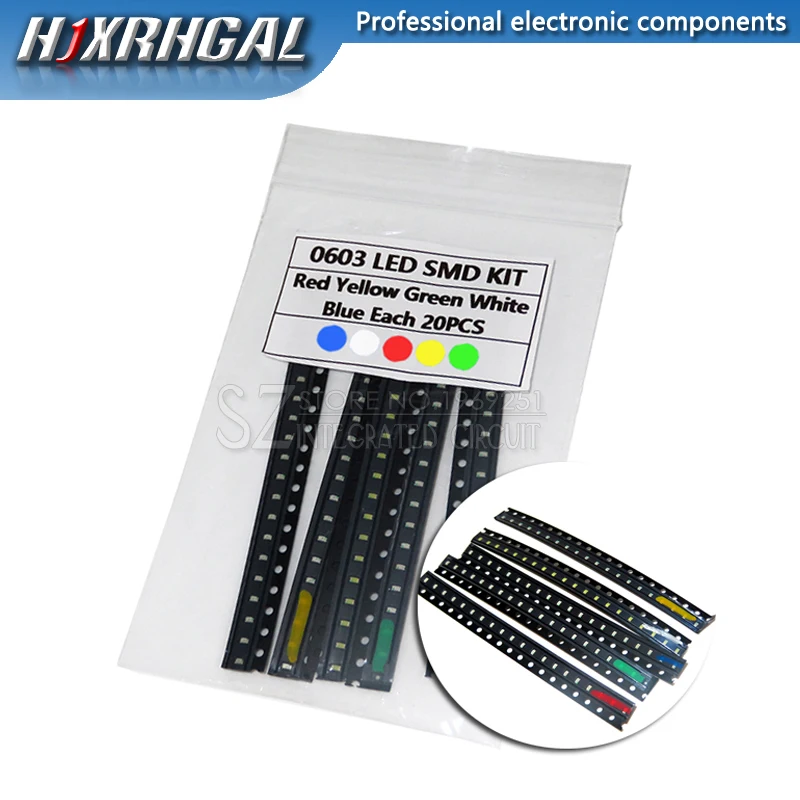 100PCS=5 colors x 20pcs 1210 1206 0805 0603 LED Diode Assortment SMD LED Diode Kit Green/ RED / White / Blue / Yellow