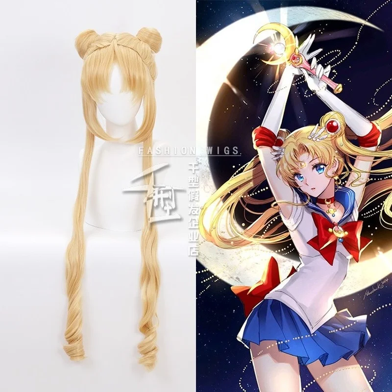 Sailor Tsuking  Cosplay Long Curly Blonde Double Ponytail Heat Resistant Synthetic Usagi Hair Halloween Party + Free Wig Cap