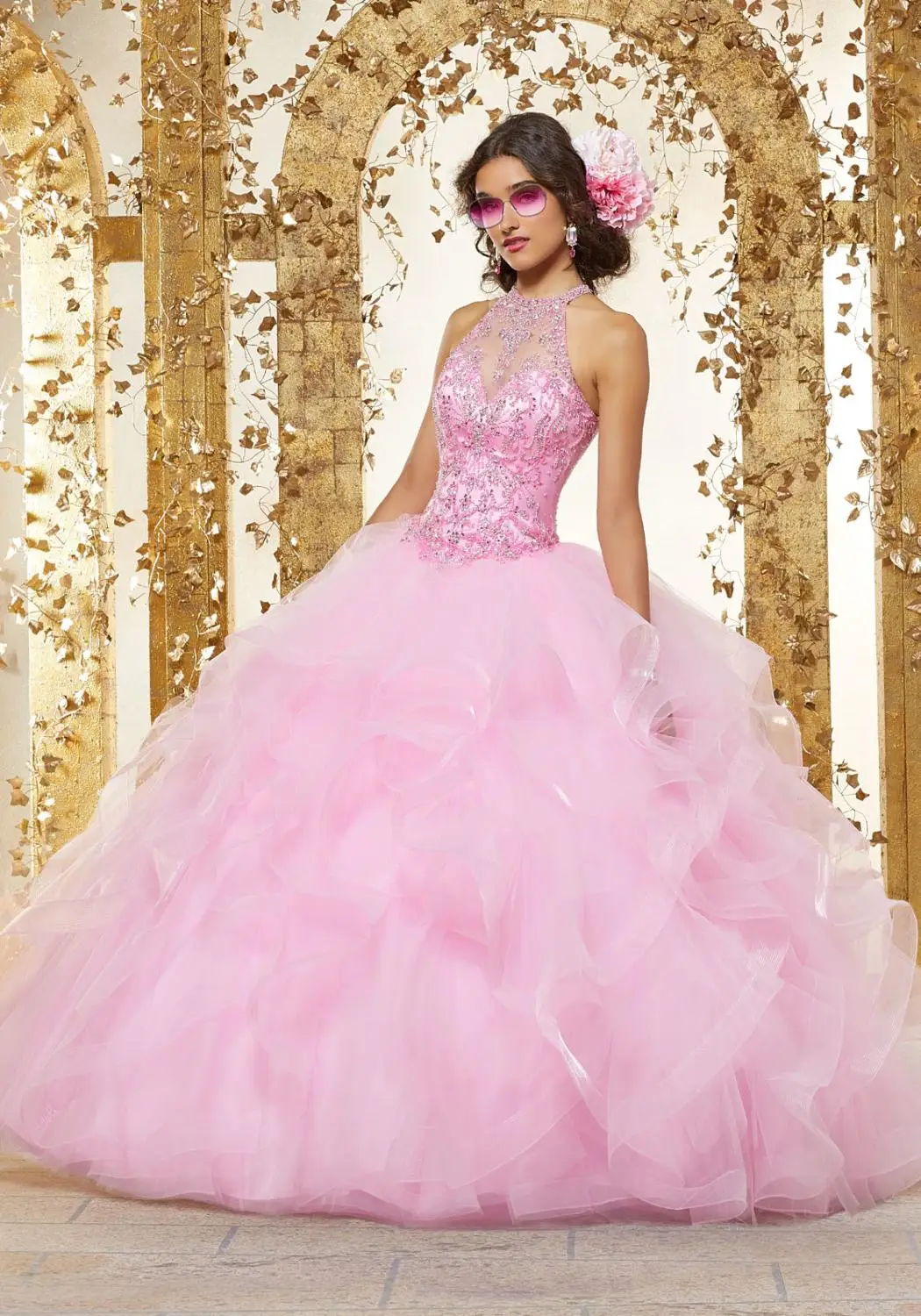 Rosa quinceanera vestido 2021 vestido de baile de luxo apliques beading baile formal vestido aberto volta babados organza