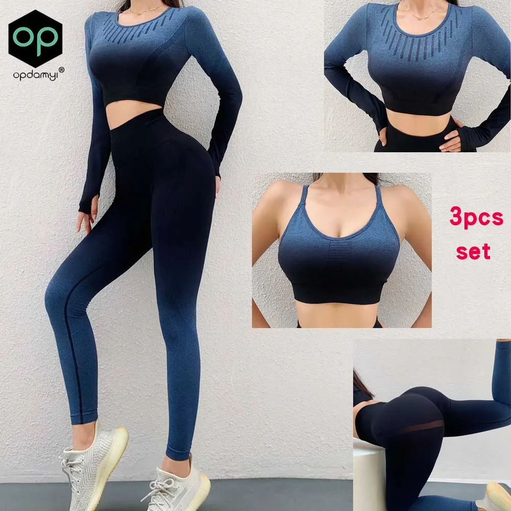 Autumn/Winter New Gradient Seamless Hollow Long-Sleeved Top Sports Bra Women's Leggings Running Fitness 3Pcs Yoga Sportswear Set