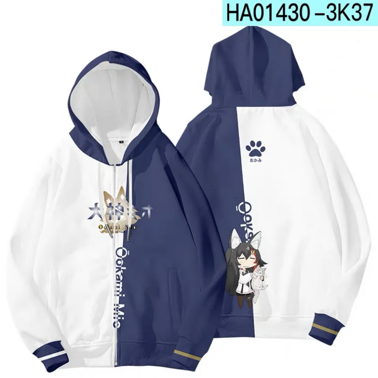 VTuber Ookami Mio 3D Hoodie Men/Women Anime Fashion Zipper Hoodie Sweatshirt Autumn/Winter Kawaii Kids Streetwear Coats