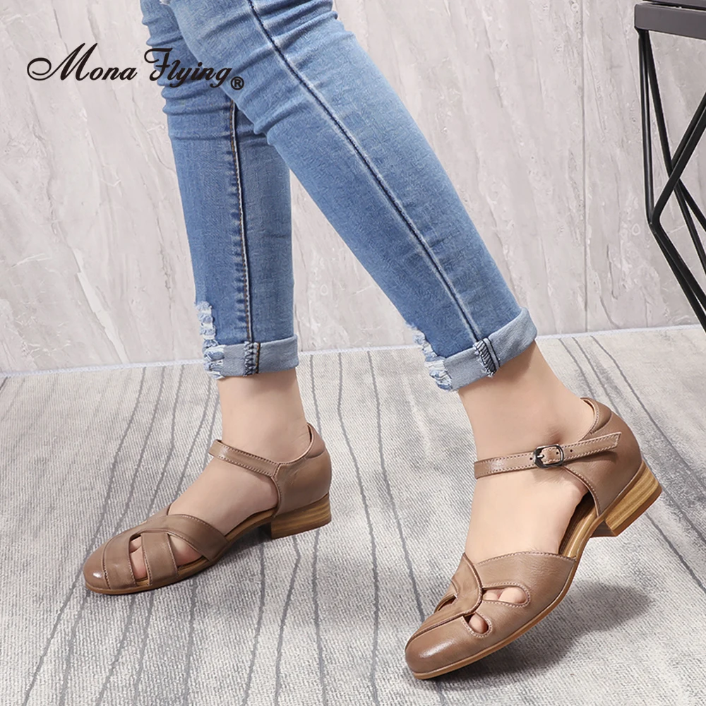 Mona Flying Women\'s Genuine Leather Closed Toe Sandals Slipper Ankle Strap Buckle Multicolor Elegant Casual Summer Shoes A068-G5