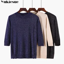 2022 new Women Pullover Sweater Lurex Glitter Knitted pullover Tops Spring Autumn Half Sleeve Elasticity o-neck Female Jumper