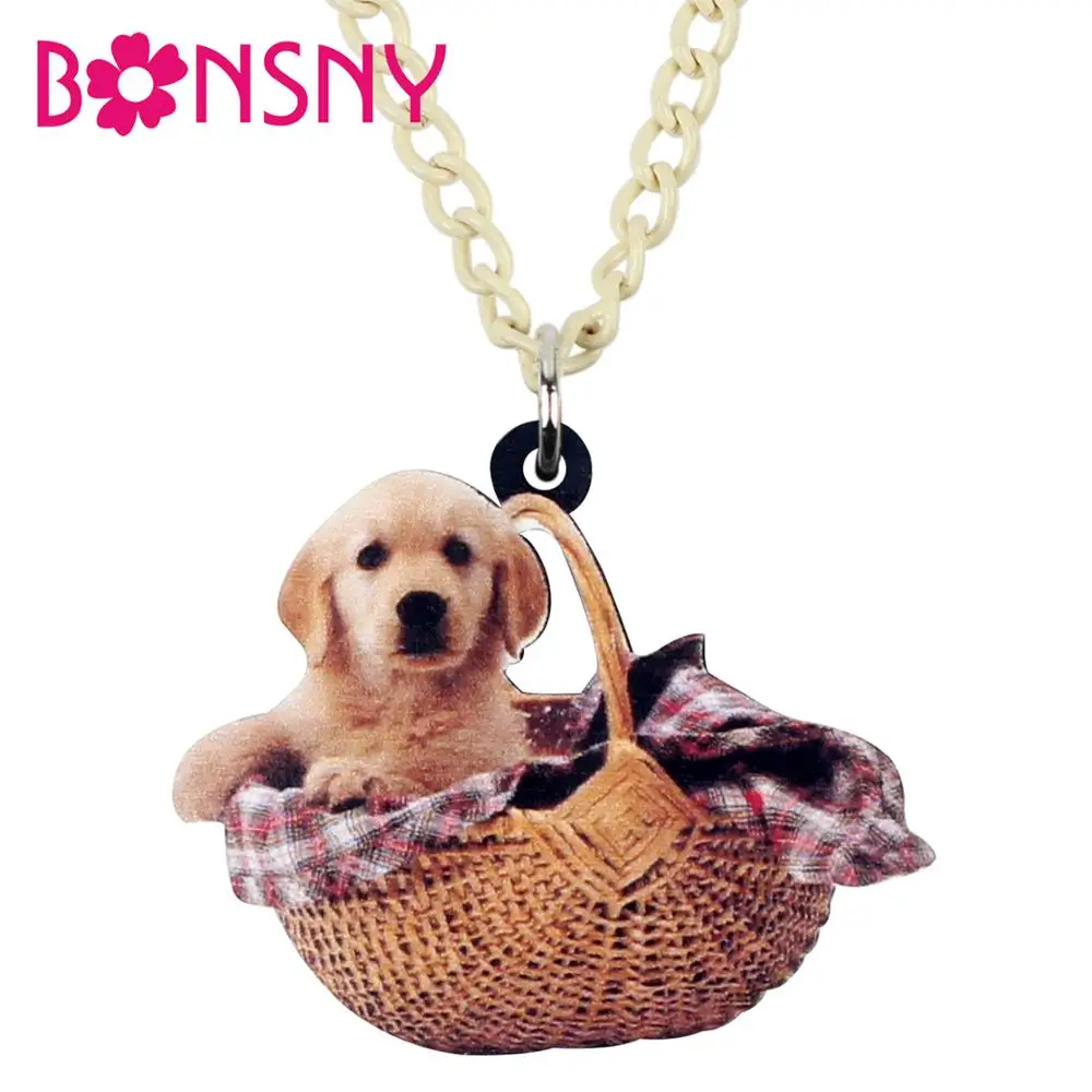 Bonsny Acrylic Basket Labrador Dog Necklace Pendant Cartoon Animal Jewelry For Women Girl Ladies Sweet Charm Gift Accessory Bulk