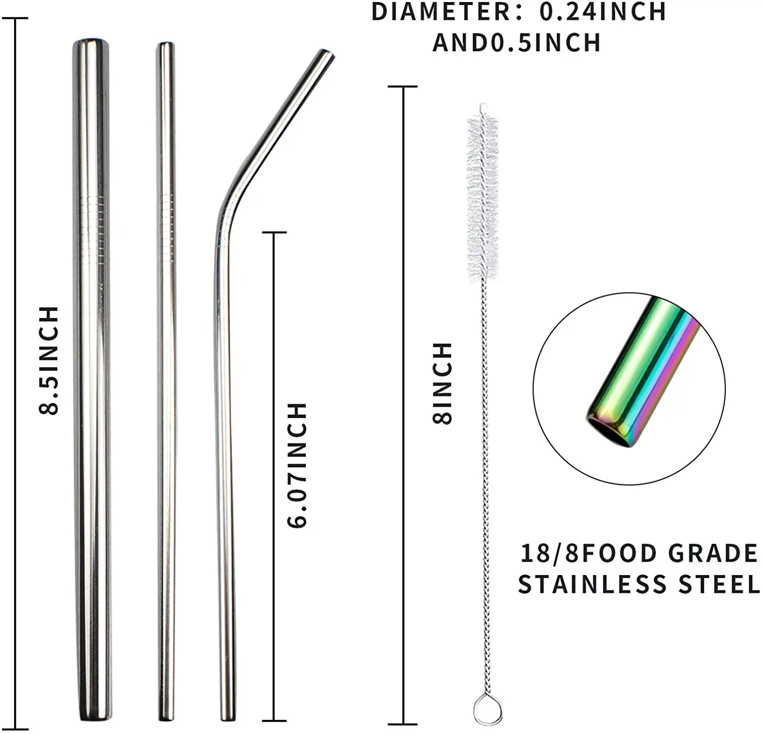 Eco-friendly 304 Stainless Steel Straws for Drinking Reusable Metal Straws Set with Brush Bar Drinks Smoothie Cocktail Straw